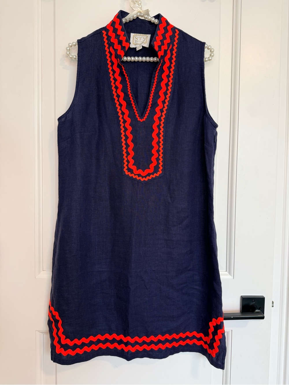 Sail to Sable Navy Shift Dress with Coral Rickrack Trim Medium Linen
